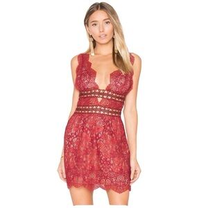For The Love & Lemons Mon Cheri Lace Mini Dress in Rouge